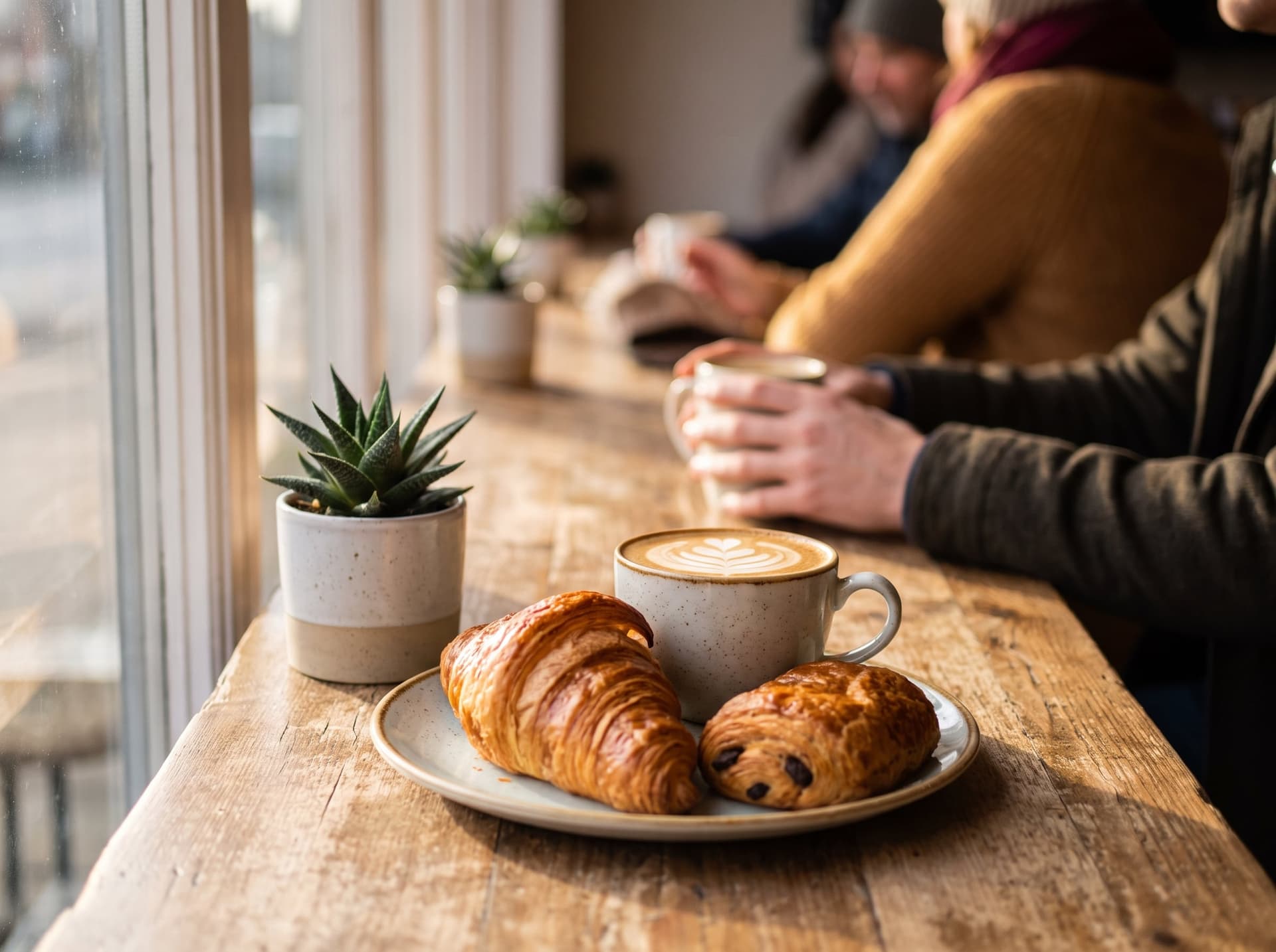 A cappuccino with latte art and pastries on a sunny café table