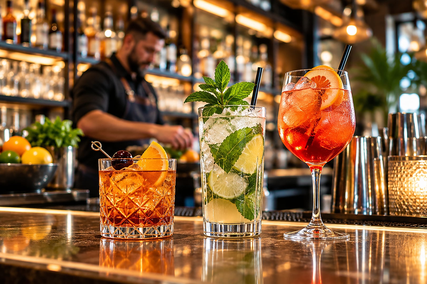 Cocktails being served across a busy bar