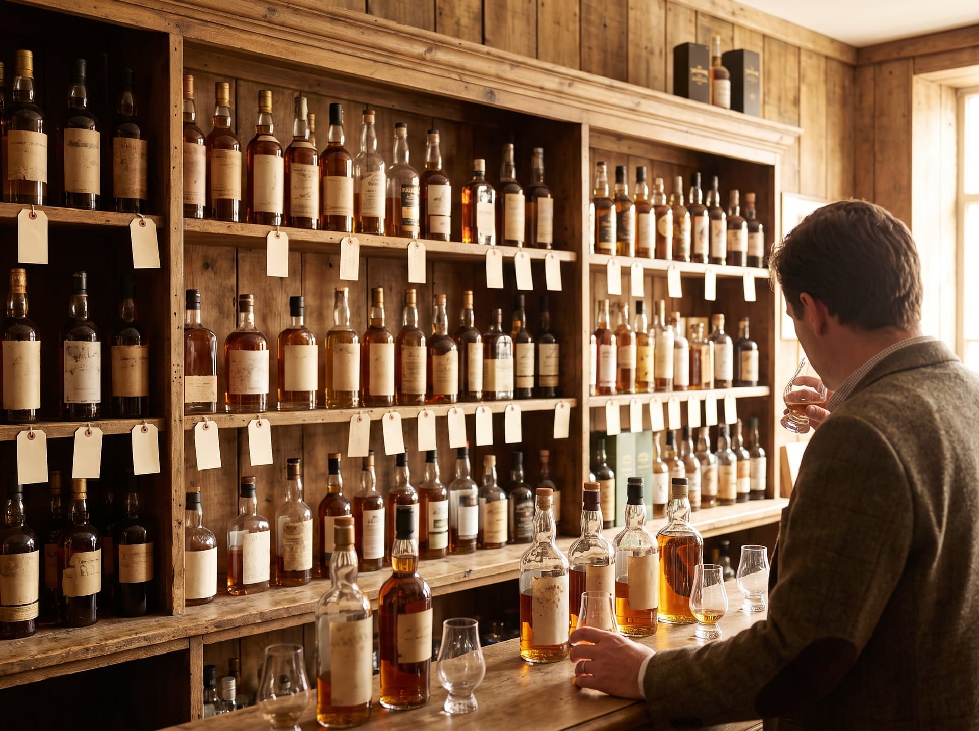 A warmly lit wall of whiskey and spirits on wooden shelves above a tasting counter