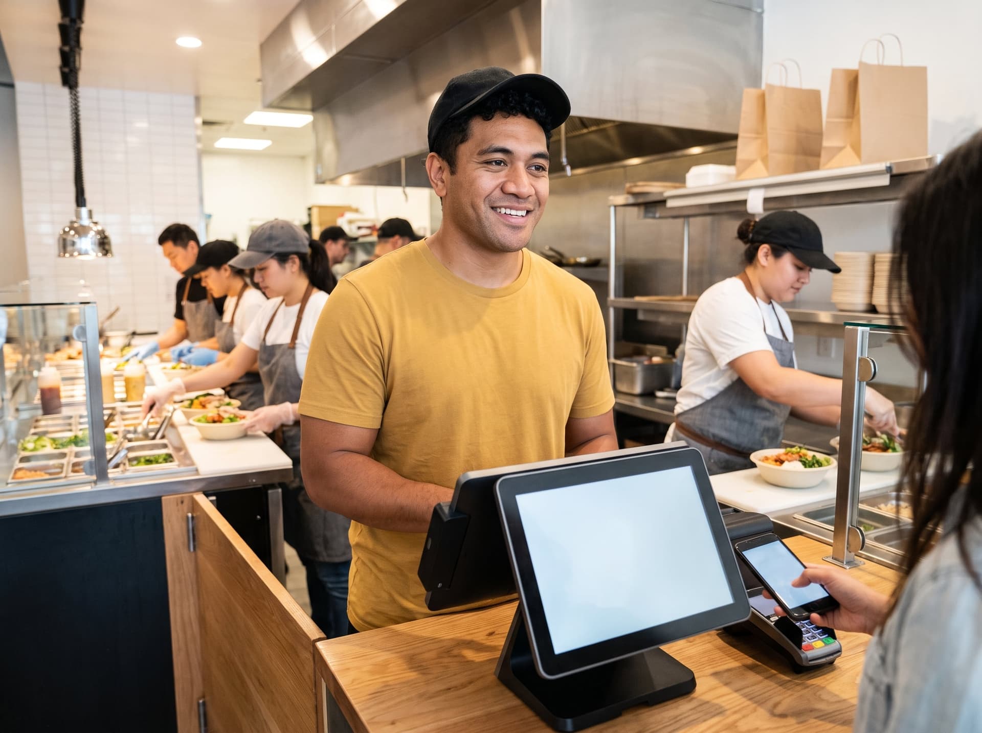 A cashier taking an order at a quick-service counter POS with the kitchen line behind