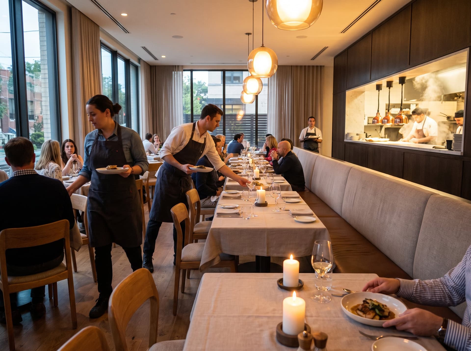 A busy full-service dining room with servers carrying plates between candlelit tables