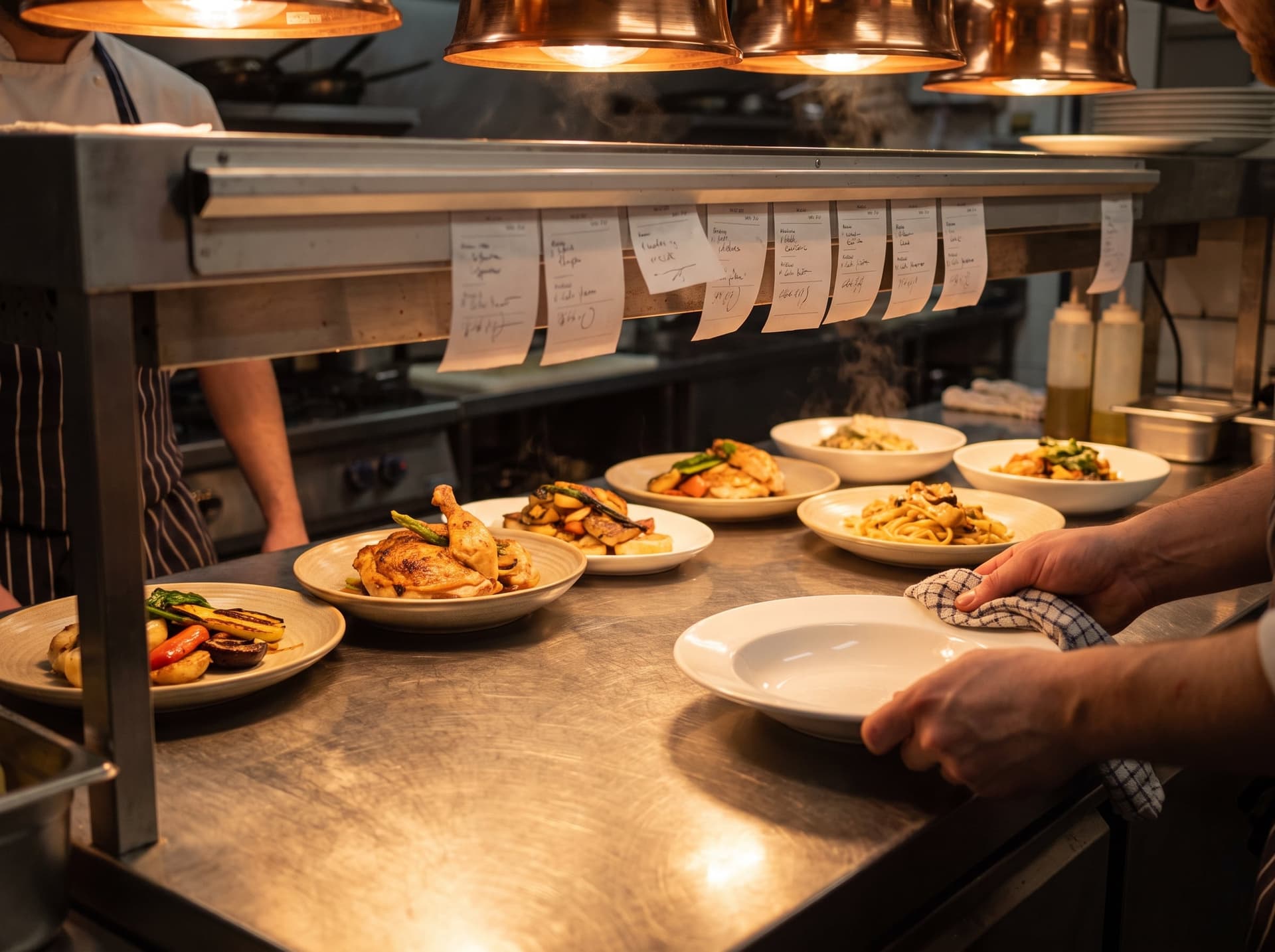 Finished plates under heat lamps at a kitchen pass with tickets on the rail