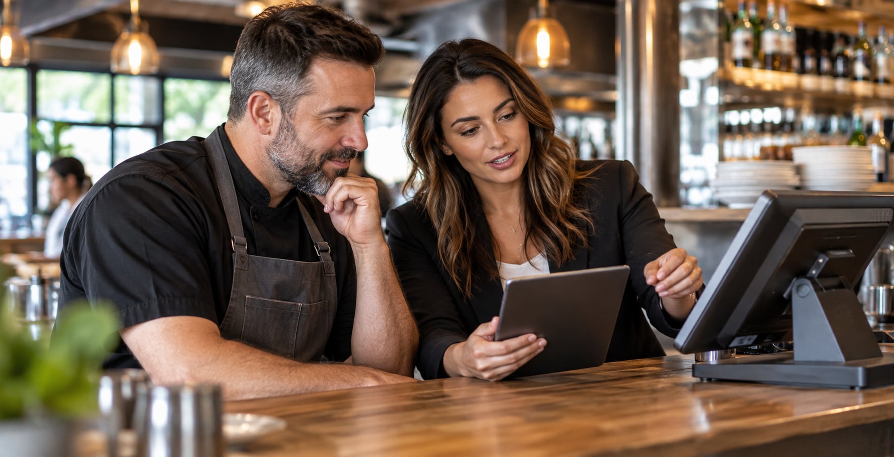 A restaurant owner and a specialist reviewing a plan on a tablet beside the counter POS